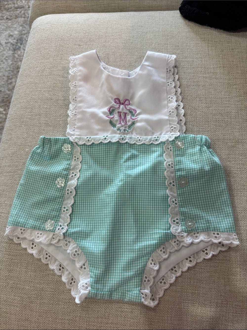 Mint Gingham Lace-Trim Diaper Cover with Embroidered Bib